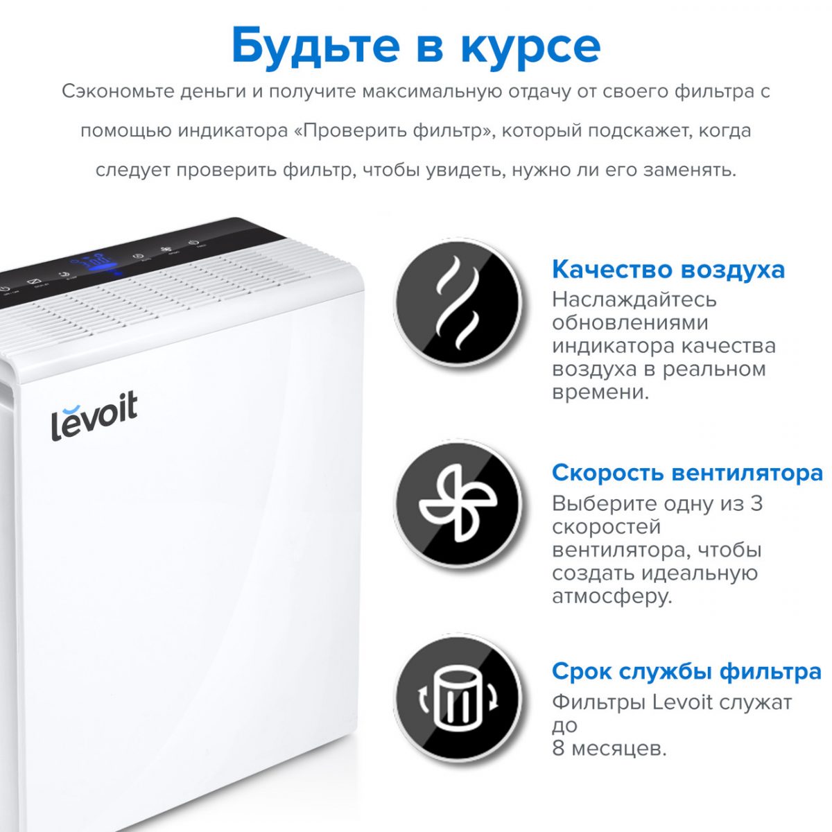 Очищувач повітря smart Levoit lV-H131S, 50 м², 230 м³/год, справжній HEPA-фільтр 3 в 1, активоване вугілля, датчик якості повітря, автоматичний режим, сенсорний екран панелі керування,+ додатковий фільтр