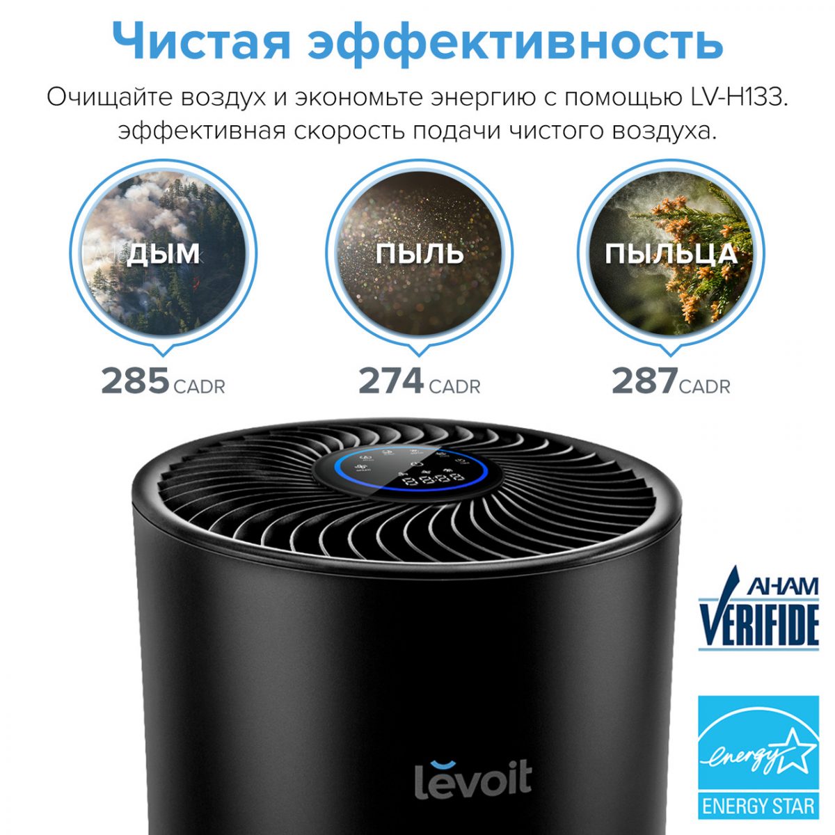 Очищувач повітря levoit lv-h133-rbk, з hepa-фільтр, фільтрація 99,97%, 100% без озону, 50 м2, 400 м3 / год