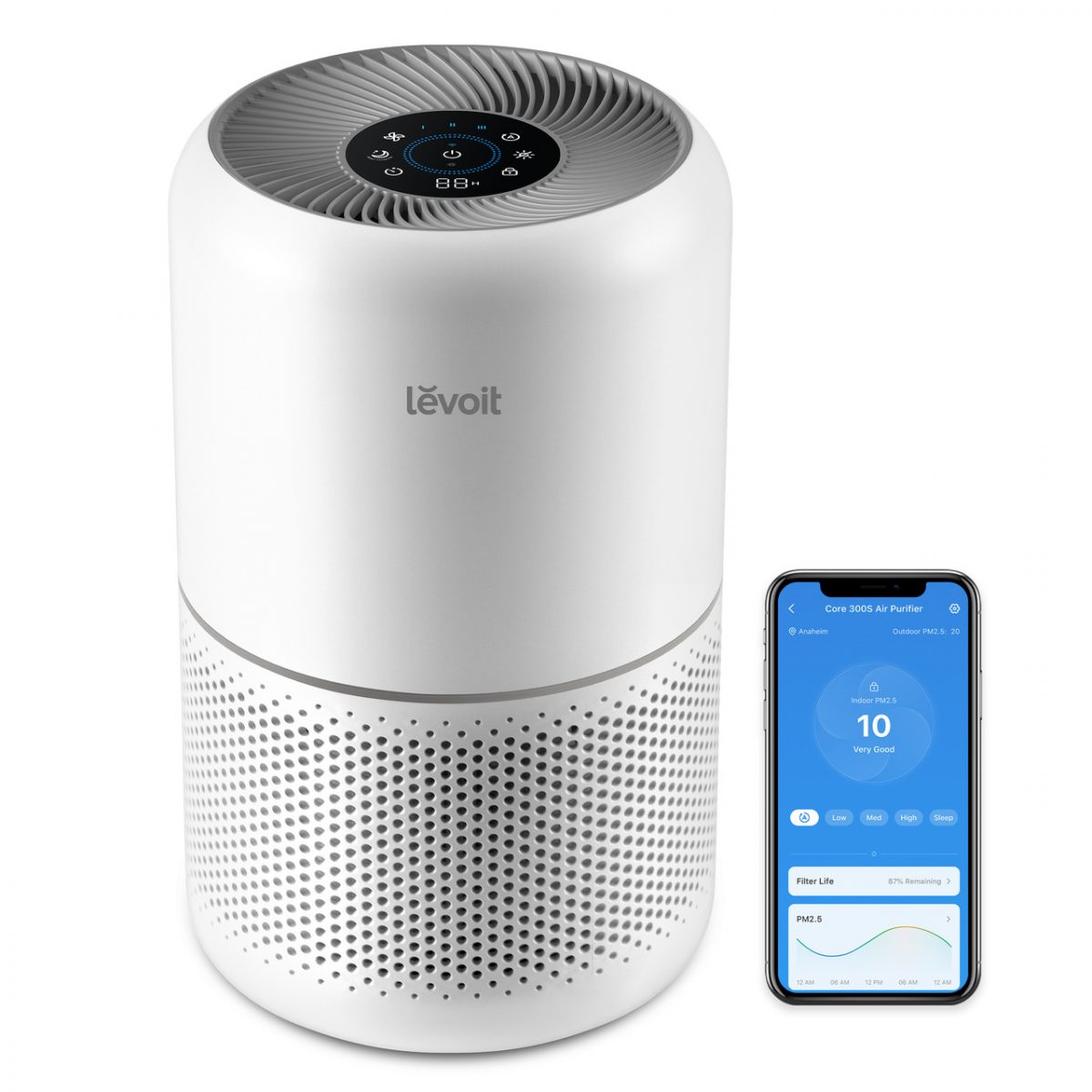 Очищувач повітря Smart Levoit Core 300S, 50 м², 240 м³/год, Wi-Fi, справжній HEPA-фільтр 3 в 1, активоване вугілля, датчик якості повітря, автоматичний режим, сенсорний екран панелі керування, Білий