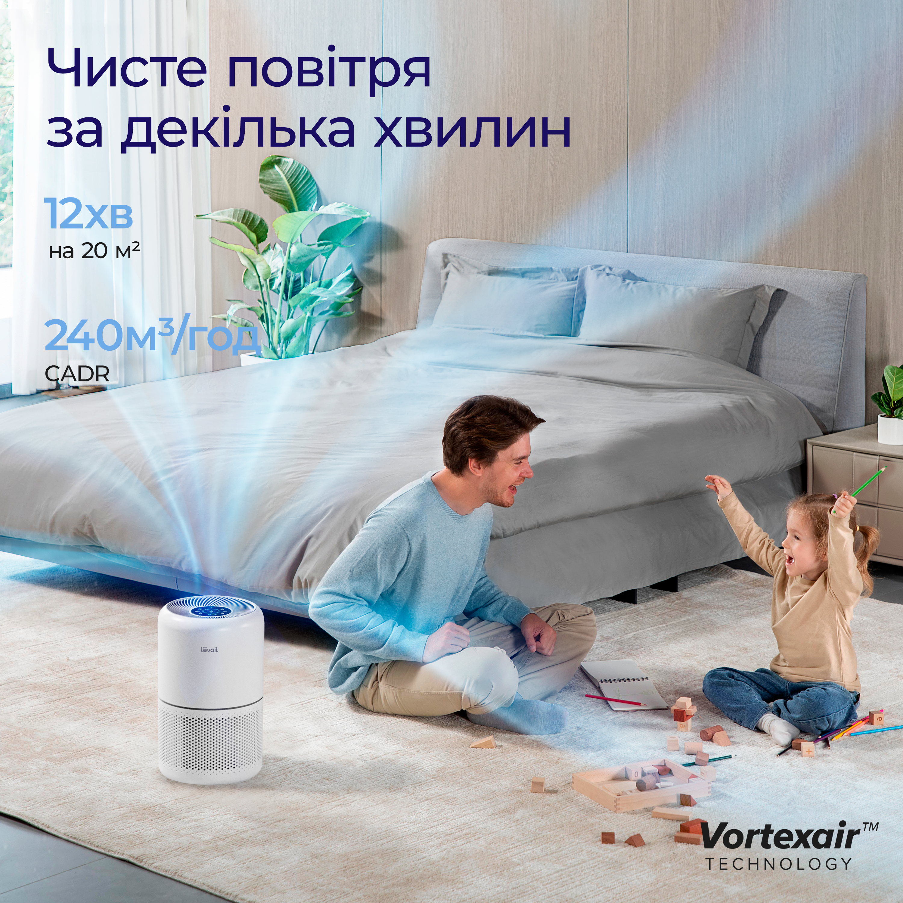 Очищувач повітря Smart Levoit Core 300S, 50 м², 240 м³/год, Wi-Fi, справжній HEPA-фільтр 3 в 1, активоване вугілля, датчик якості повітря, автоматичний режим, сенсорний екран панелі керування, Білий