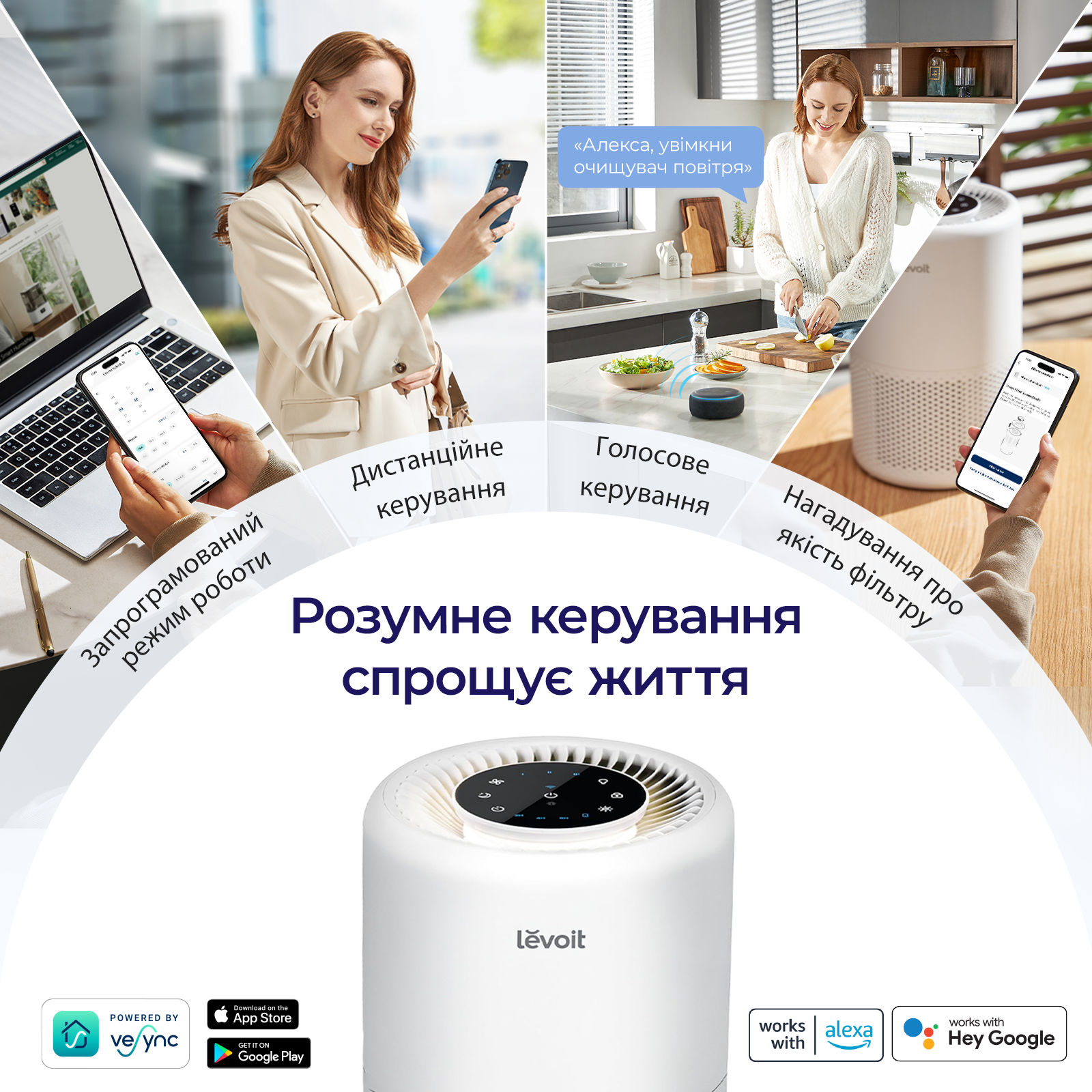 Очищувач повітря Levoit Core 200S Wi-Fi, фільтр 3 в 1 True HEPA, активоване вугілля, дистанційне керування, супер тихий, сенсорний екран, Білий